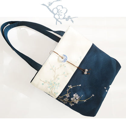 Mythstone Pear Flower Plum Peach Blossom Bamboo Embroidery Canvas Large Capacity Shoulder Bag Tote Bag