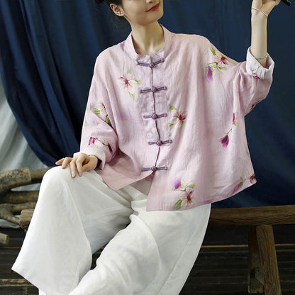 Mythstone Pink Flower Print Frog-button Design Batwing Long Sleeve Ramie Linen Jacket Shirt