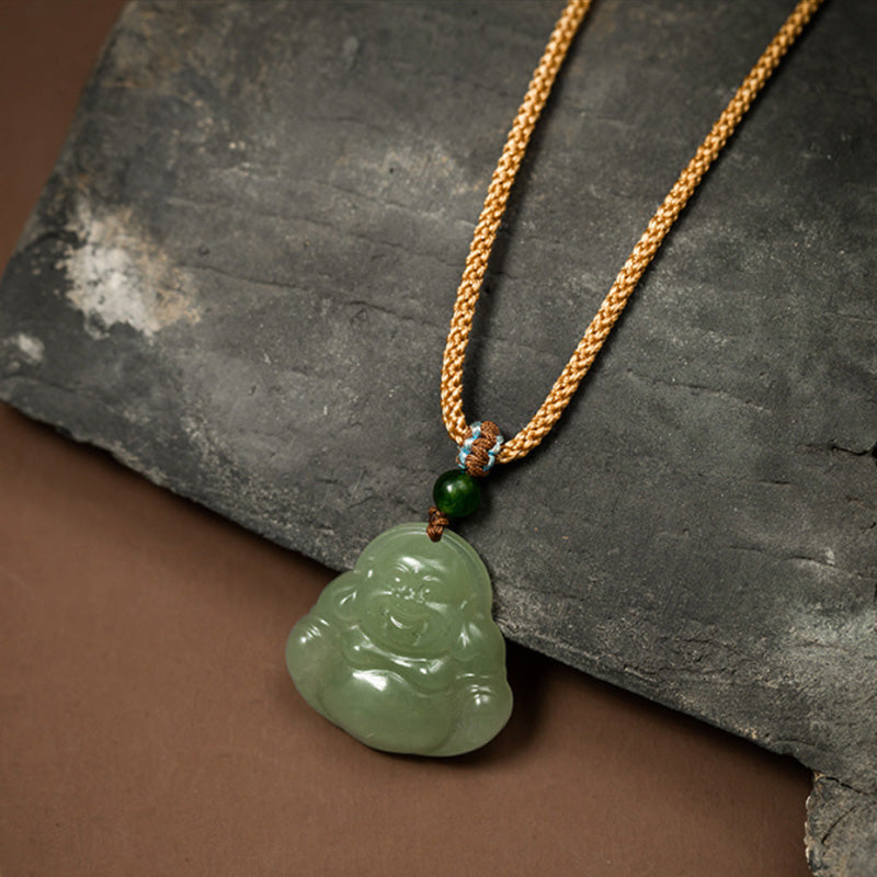 Mythstone Laughing Buddha Jade Lotus Prosperity String Necklace Pendant