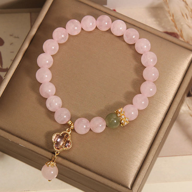 Mythstone Natural Pink Crystal Four Leaf Clover Soothing Bracelet