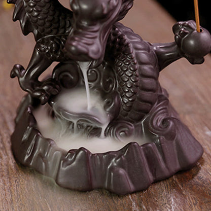 Mythstone Auspicious Dragon Ceramic Backflow Smoke Fountain Meditation Healing Incense Burner Led Ball Decoration