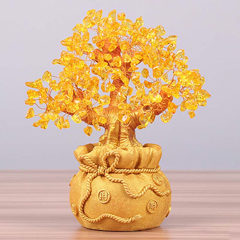 Adorno de piedra preciosa de árbol del dinero citrino natural Mythstone: Feng Shui para la prosperidad