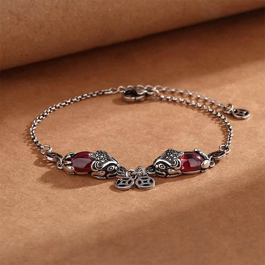 Mythstone Garnet Double PiXiu Copper Coin Protection Chain Bracelet