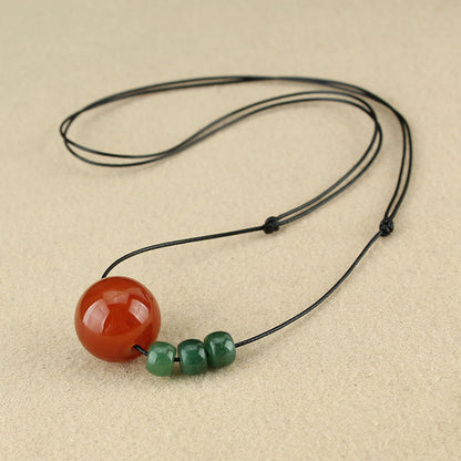 Mythstone Red Agate Green Aventurine Green Bodhi Seed Bead Calm Leather Rope Necklace Pendant