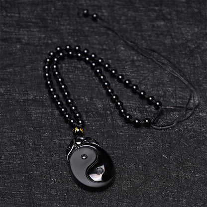 Mythstone Natural Black Obsidian Yin Yang Fulfilment Strength Necklace Pendant