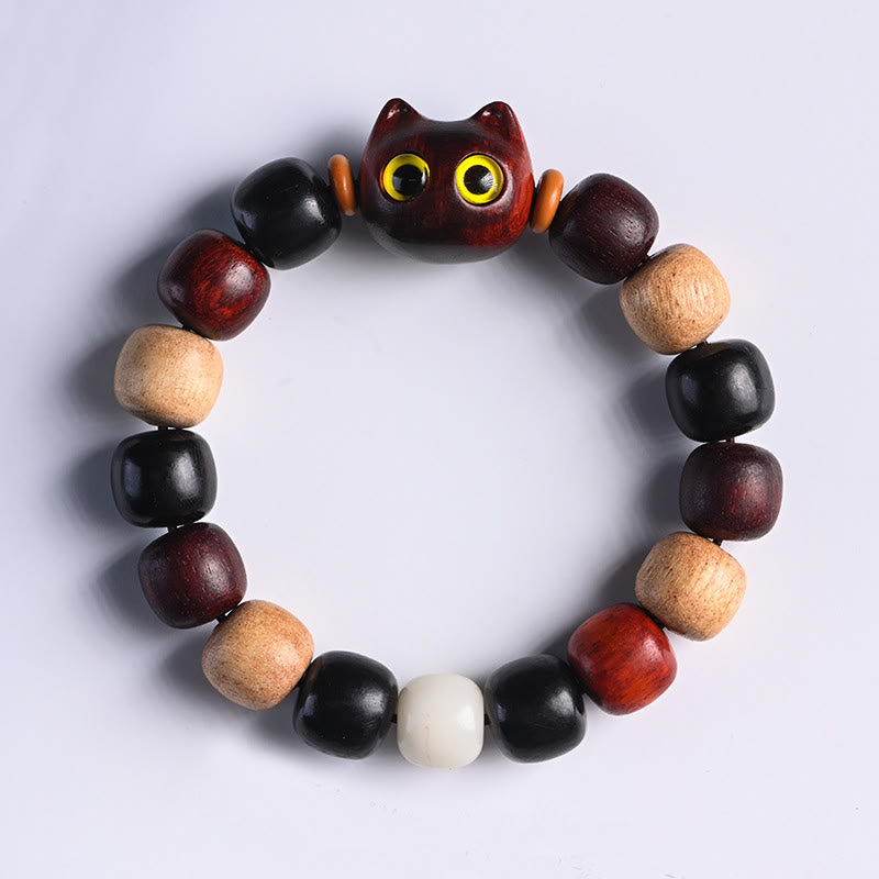 Mythstone Small Leaf Red Sandalwood Ebony Wood Cute Cat Engraved Protection Bracelet