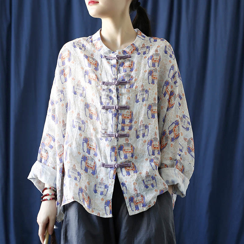 Mythstone Elephant Print Frog-button Design Batwing Long Sleeve Ramie Linen Jacket Shirt