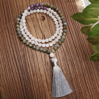 Mythstone 108 Mala Beads White Agate Amethyst Black Glitter Stone Protection Bracelet