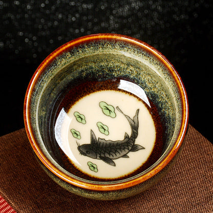 Mythstone Lotus Dragon Phoenix Koi Fish Chinese Jianzhan Ceramic Teacup Kung Fu Tea Cup 110ml