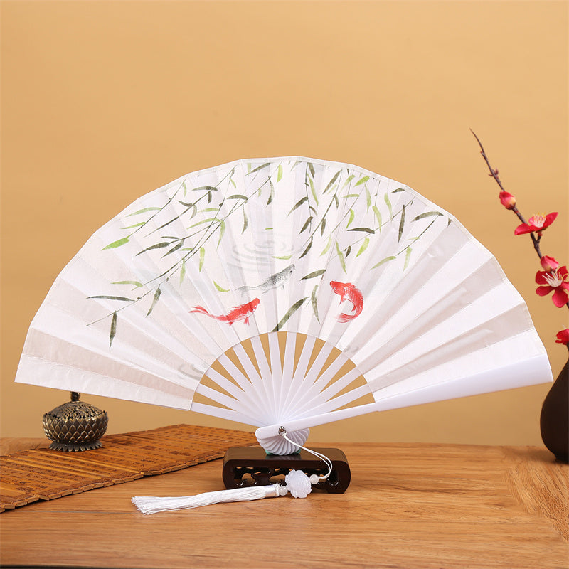 Mythstone Dragon Phoenix Tiger Crane Eagle Wolf Koi Fish Handheld Folding Fan Lotus Tassel Fan