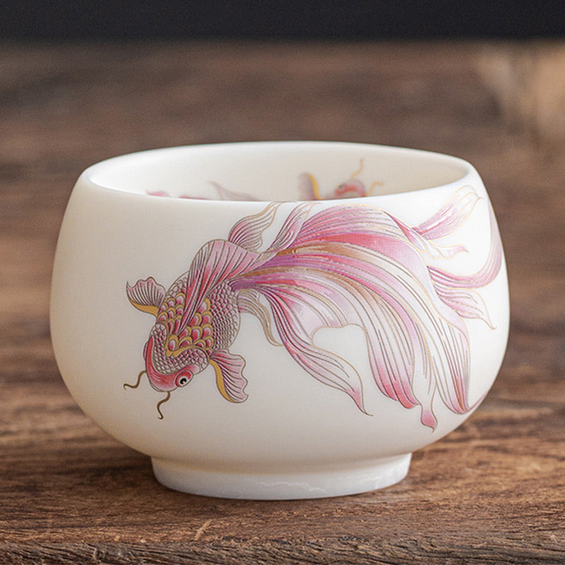 Mythstone Koi Fish White Porcelain Ceramic Teacup Kung Fu Tea Cup