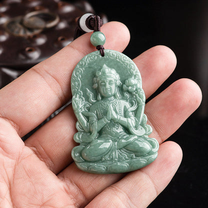 Mythstone Four-armed Avalokitesvara Natural Jade Amulet Blessing String Necklace