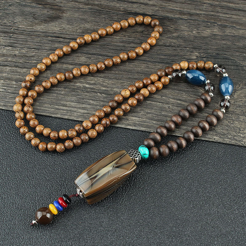 Mythstone Tibetan Wenge Wood Bodhi Seed Agate Balance Peace Necklace Pendant