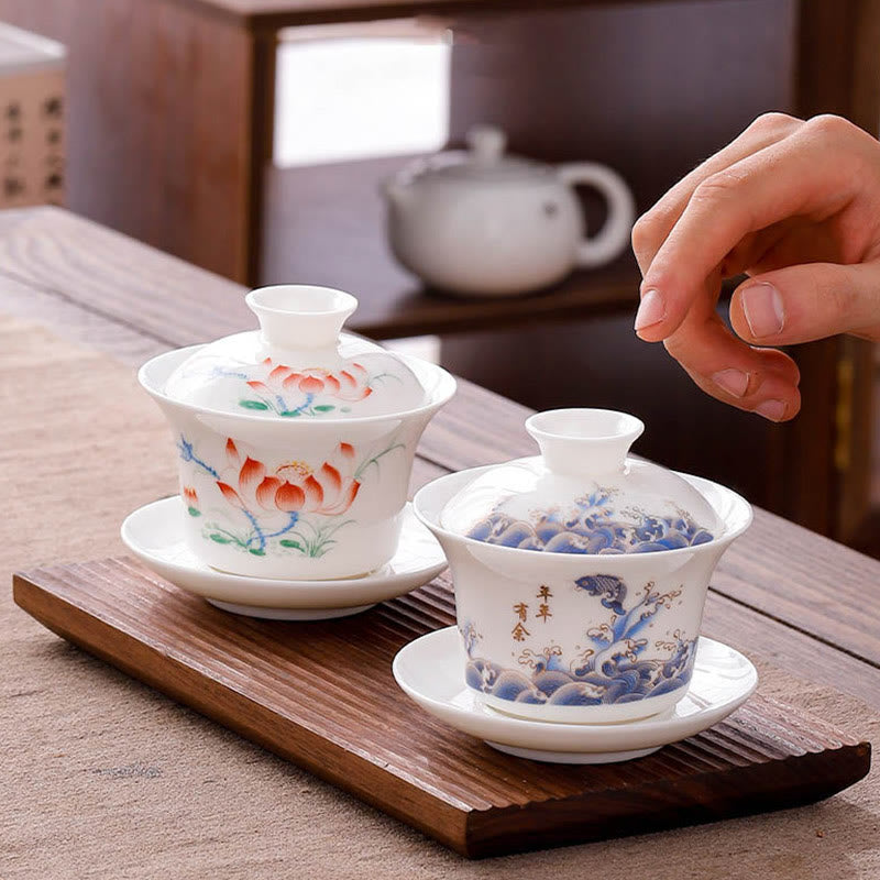 Mythstone White Porcelain Mountain Landscape Countryside Ceramic Gaiwan Teacup Kung Fu Tea Cup And Saucer With Lid