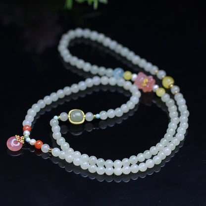 Mythstone Natural Hetian Jade Pink Crystal Peace Buckle Happiness Abundance Bracelet