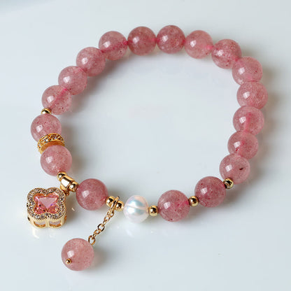 Mythstone Strawberry Quartz Pearl Four Leaf Clover Charm Healing Bracelet