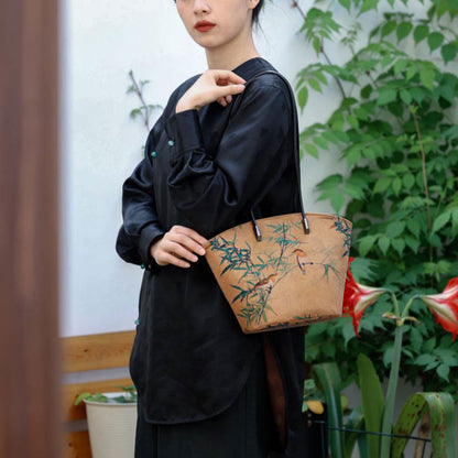 Mythstone Vintage Bamboo Magpie Peony Butterfly Large Capacity Shoulder Bag Handbag