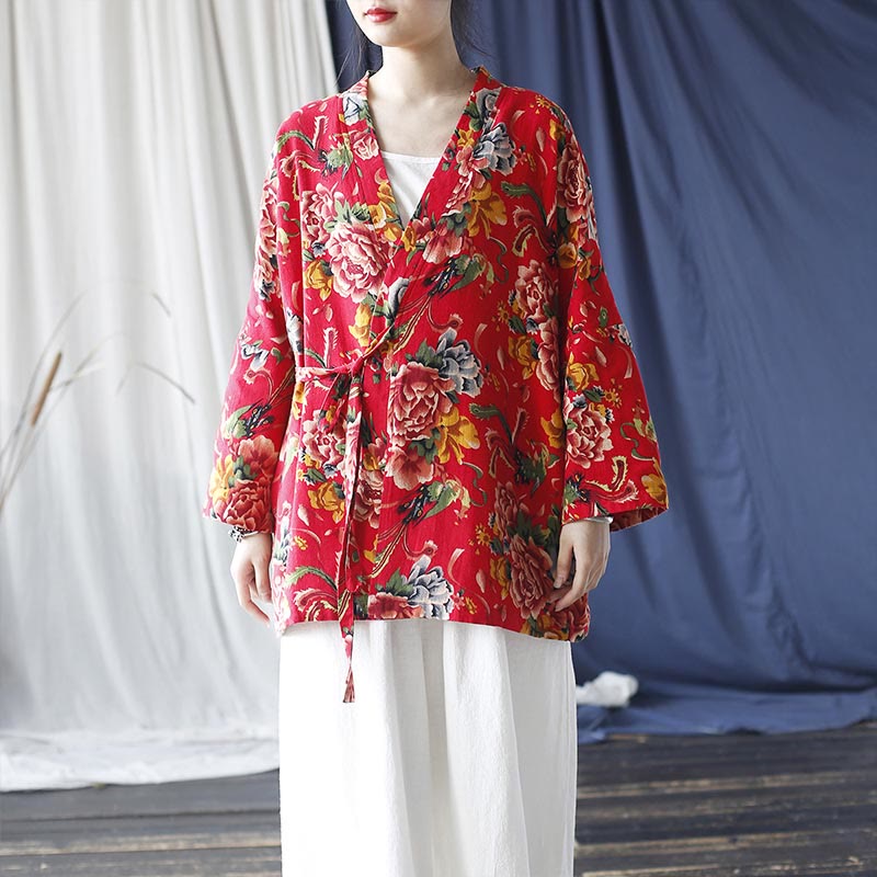 Mythstone Ethnic Style Northeast Red Flower Peony Print Cotton Linen Lace Up Jacket