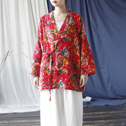 Mythstone Ethnic Style Northeast Red Flower Peony Print Cotton Linen Lace Up Jacket