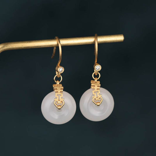 Mythstone White Jade Double Happiness Fortune Earrings