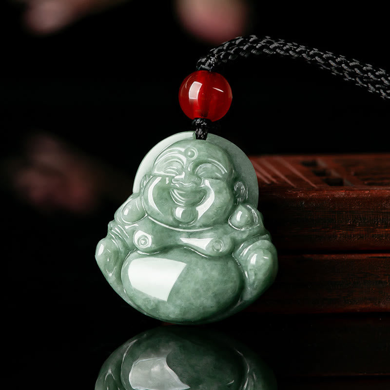 Mythstone Natural Green Jade Laughing Buddha Luck Abundance Necklace Pendant