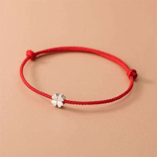 Mythstone 925 Sterling Silver Four Leaf Clover Red Rope Bracelet