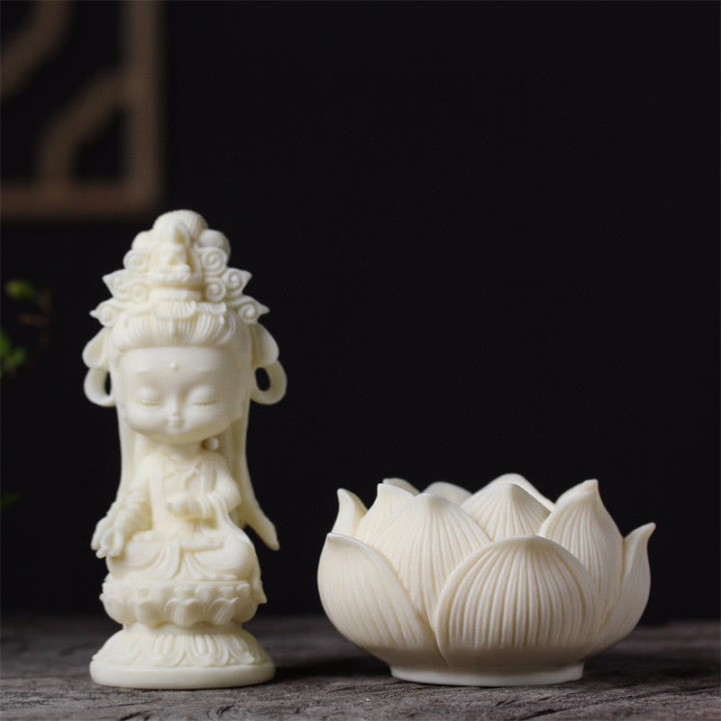 Mythstone Mini Ivory Fruit Kwan Yin Avalokitesvara Lotus Wealth Desk Decoration