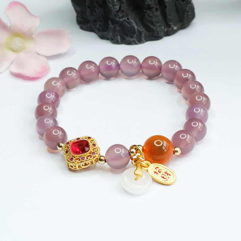 Pulsera con amuleto de la suerte y la armonía con hebilla de paz y ágata de caramelo de calcedonia morada natural Mythstone