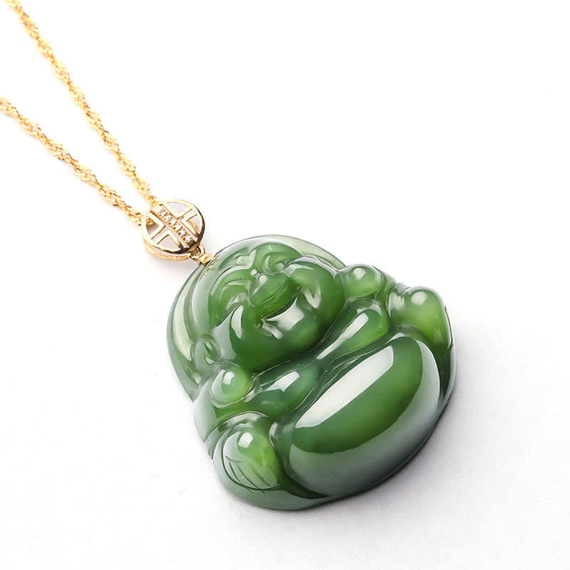 Mythstone 925 Sterling Silver Laughing Buddha Hetian Cyan Jade 18K Gold Success Necklace Chain Pendant