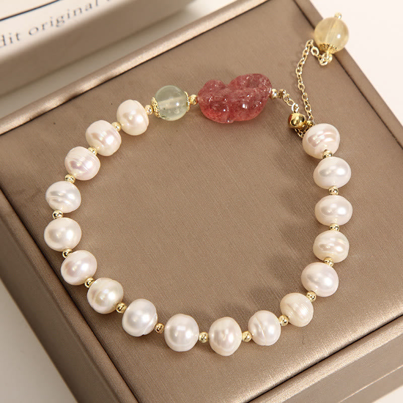 Mythstone Natural Pearl Strawberry Quartz PiXiu Optimism Charm Bracelet