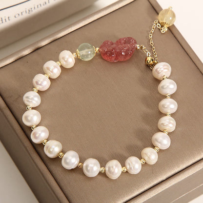 Mythstone Natural Pearl Strawberry Quartz PiXiu Optimism Charm Bracelet