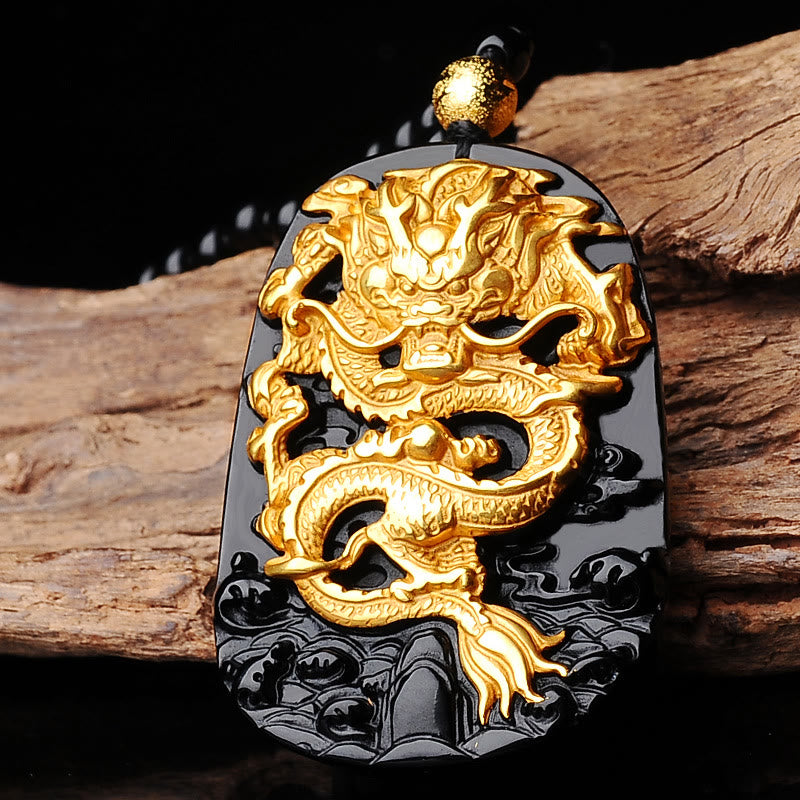 Mythstone 18k Gold-plated Dragon Obsidian Lucky Pendant Necklace