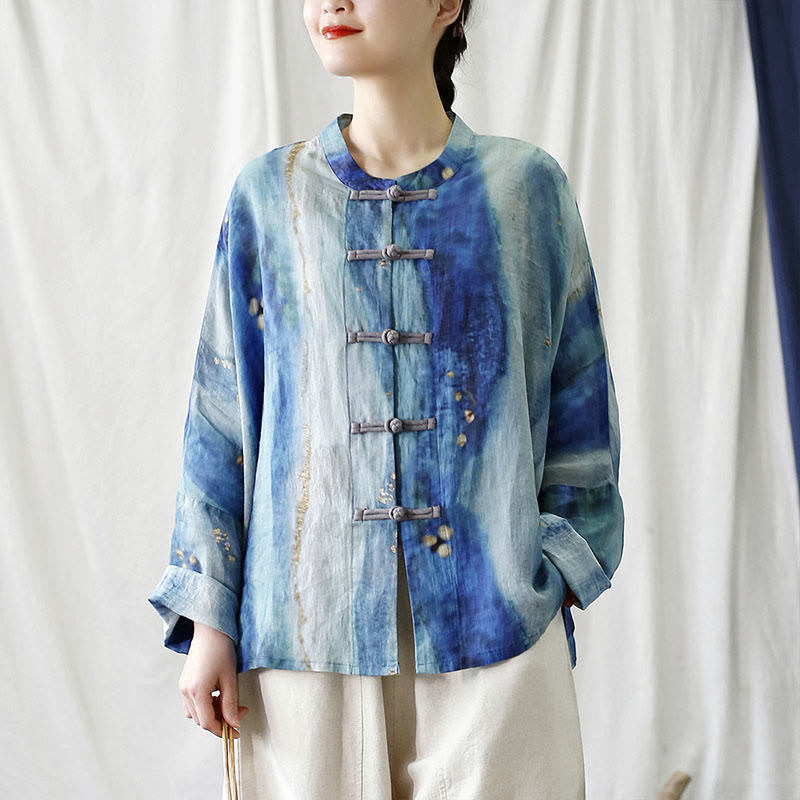 Mythstone Blue White Beige Small Flower Frog-button Design Long Sleeve Ramie Linen Jacket Shirt