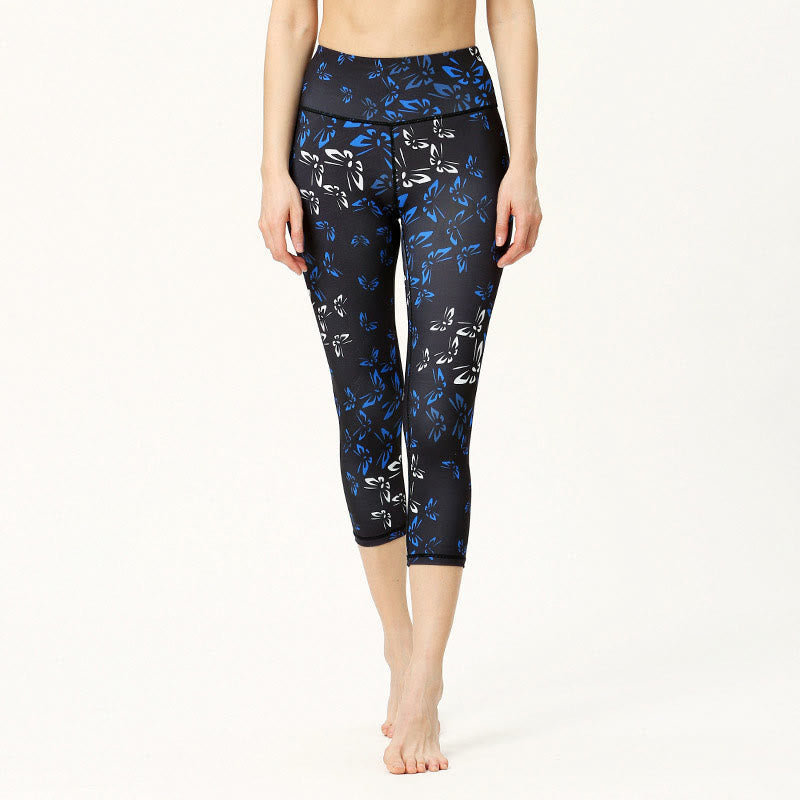 Mythstone Leaves Butterfly Print Sports Yoga Cropped Leggings Women's Yoga Capri Pants