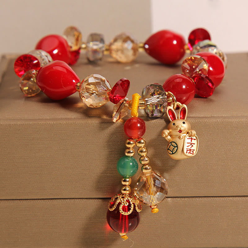 Mythstone Red Stone Lucky Cat Rabbit Fu Character Fortune Bracelet