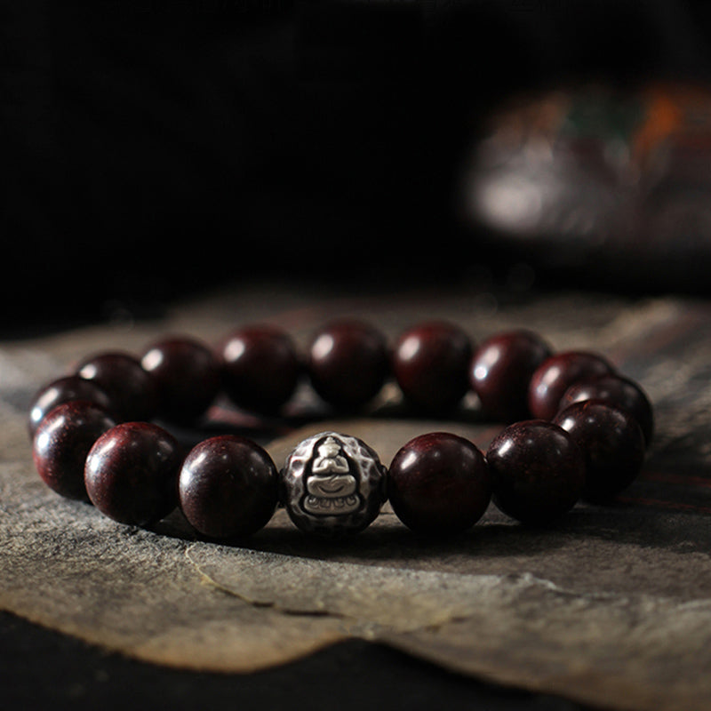 Mythstone 999 Sterling Silver Green Sandalwood Small Leaf Red Sandalwood Buddha Cure Bracelet