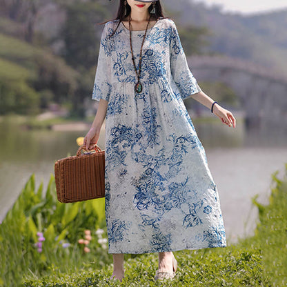 Mythstone Flowers Print Midi Dress Tunic Dress With Pockets