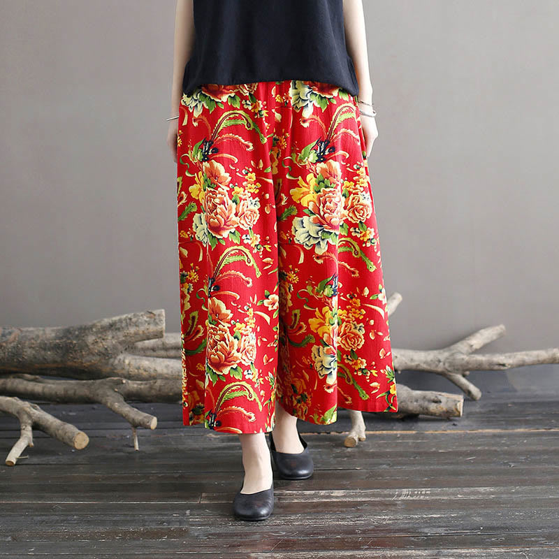 Pantalones anchos de lino y algodón con flores de peonía roja de Mythstone y bolsillos 