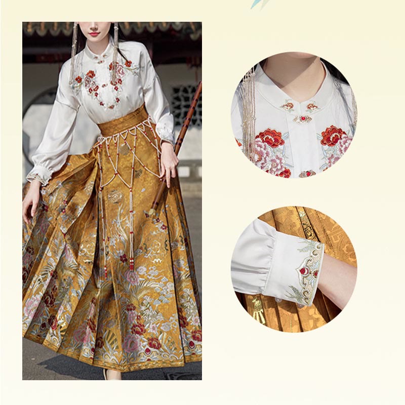 Mythstone Golden Flower Phoenix Embroidery Long Sleeve Shirt Top Chinese Hanfu Ming Dynasty Horse Face Skirt Mamianqun Skirt