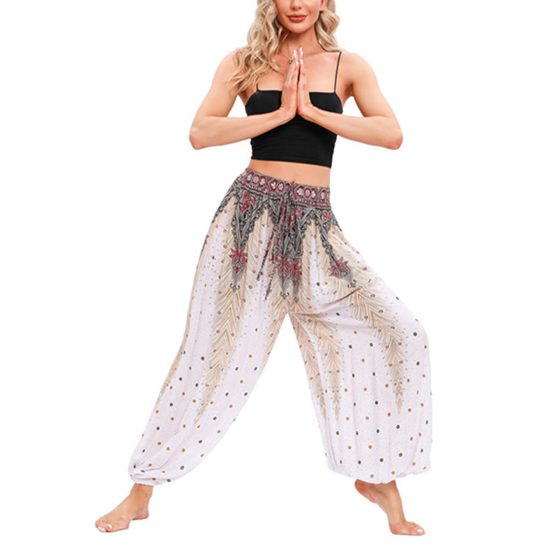 Mythstone Peacock Feather Pattern Loose Harem Trousers Women's Yoga Pants