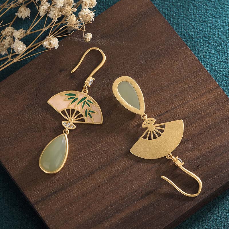 Mythstone Natural Green Aventurine Fan Pattern Luck Drop Earrings