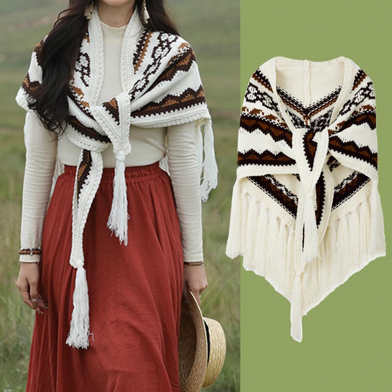 Mythstone Tibetan Triangular Shawl Striped Tassels Winter Cozy Travel Scarf Wrap