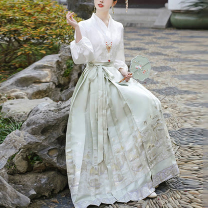 Mythstone Long Sleeve T-Shirt Top Tee Chinese Hanfu Flowers Horse Face Skirt Mamianqun