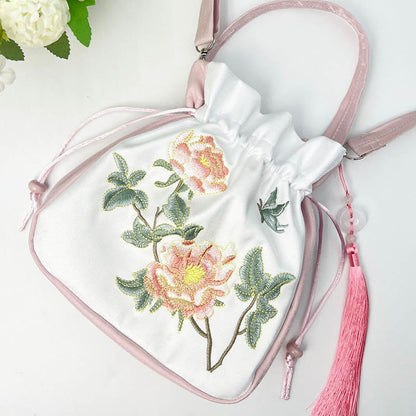 Mythstone Embroidered Osmanthus Peony Grape Cat Cotton Linen Tote Crossbody Bag Shoulder Bag Handbag