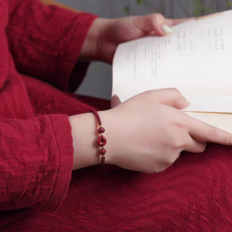 Mythstone Handmade Cinnabar Peace Buckle Lotus Calm Blessing Braided Rope Bracelet