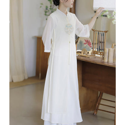 Mythstone Embroidery Chiffon Cheongsam Midi Dress Wide Leg Pants Meditation Zen Practice Clothing