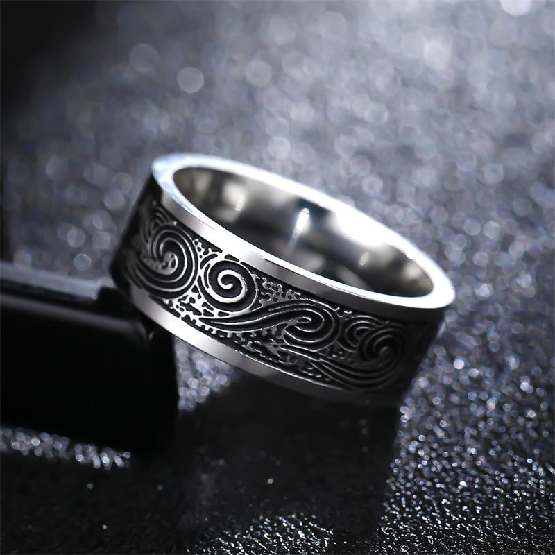 Mythstone Vintage Wave Auspicious Clouds Engraved Pattern Titanium Steel Balance Ring