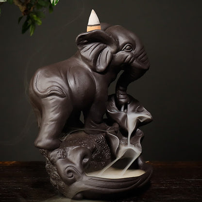 Mythstone Tibetan Elephant Purple Clay Backflow Smoke Fountain Peace Healing Incense Burner Decoration