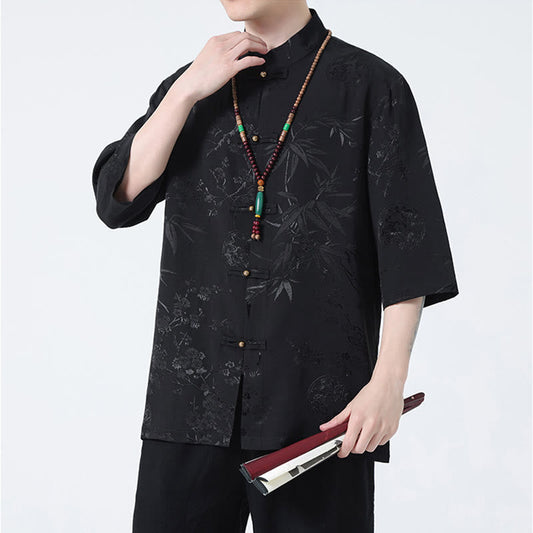 Mythstone Peach Blossom Bamboo Leaves Frog-button Chinese Half Sleeve Shirt Men T-shirt