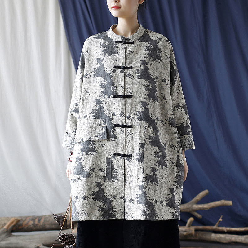 Mythstone Black Gray Beige Print Frog-button Design Long Sleeve Cotton Linen Jacket Shirt With Pockets